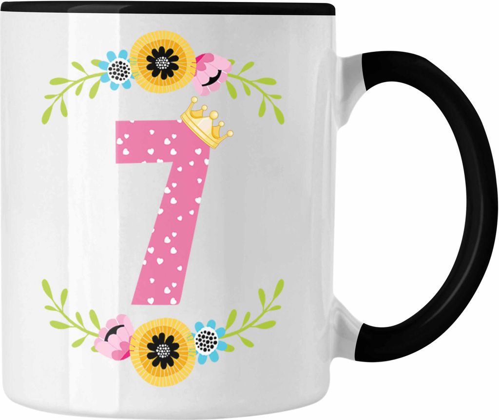 Trendation - 7. Geburtstag Mädchen Tasse Geschenk zum Siebten Geburtsagsparty Grafik Krone 7 Jahre Alt (Schwarz)