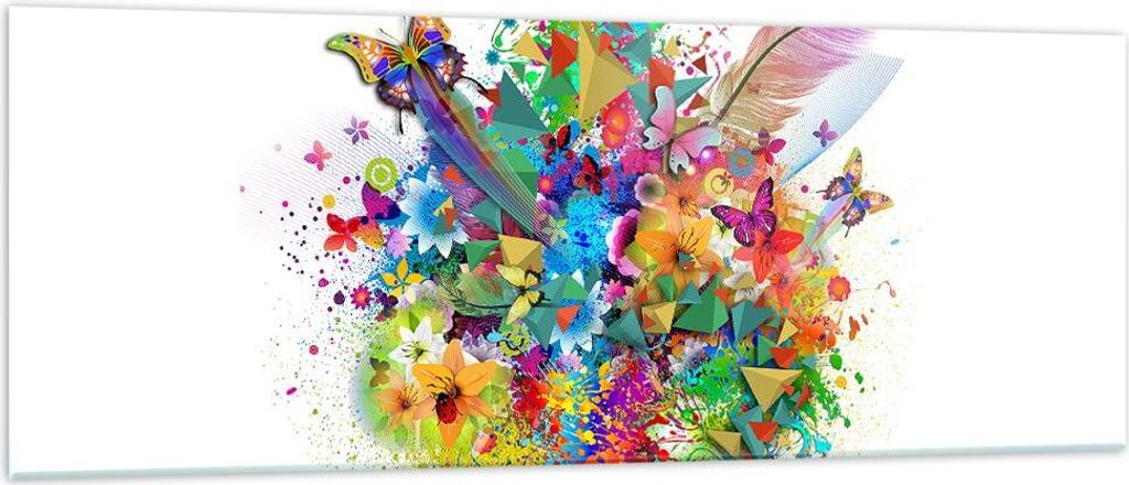Bilder auf glas - Schmetterling Farbe Blume Komposition - 140x50cm - Glasbilder - Wandbilder - Kunstdruck - Wanddekoration aus Glas - Glas Bilder -...
