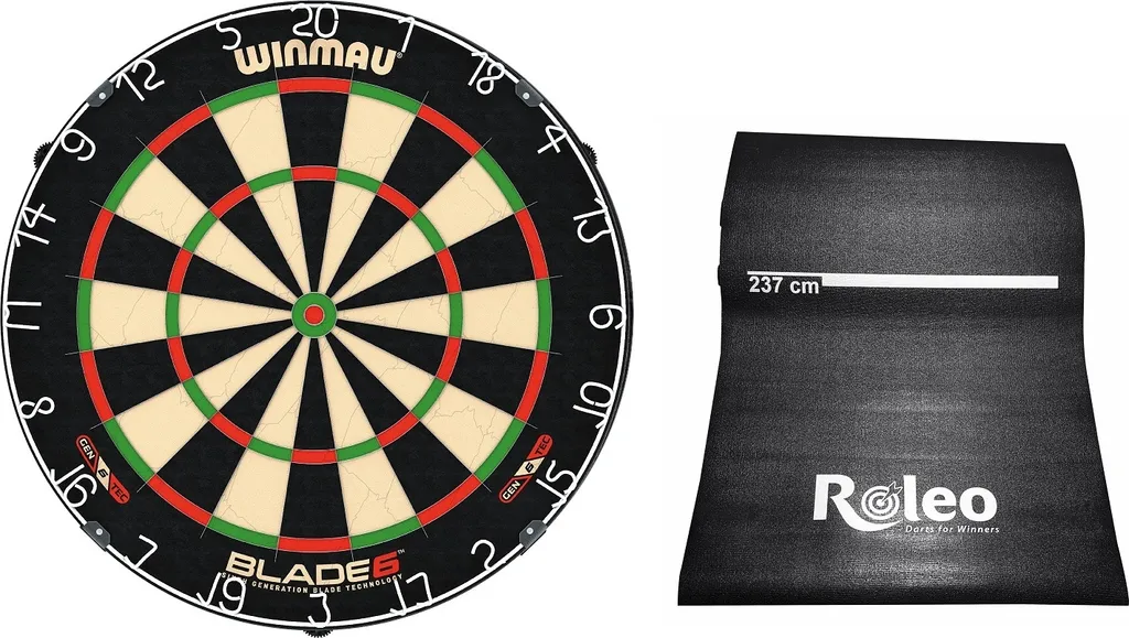 Jeu de Fléchettes Complet : Cible Winmau Blade 6 et Tapis de Sol Roleo