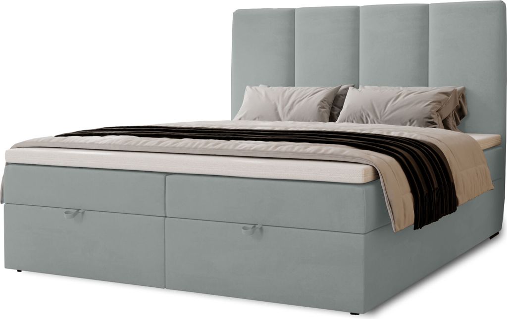 Boxspringbett Malmo mit 2 Bettkästen, 180x200, Farbe: Hellgrau, Velourstoff, Doppelbett mit Bonell-Matratze