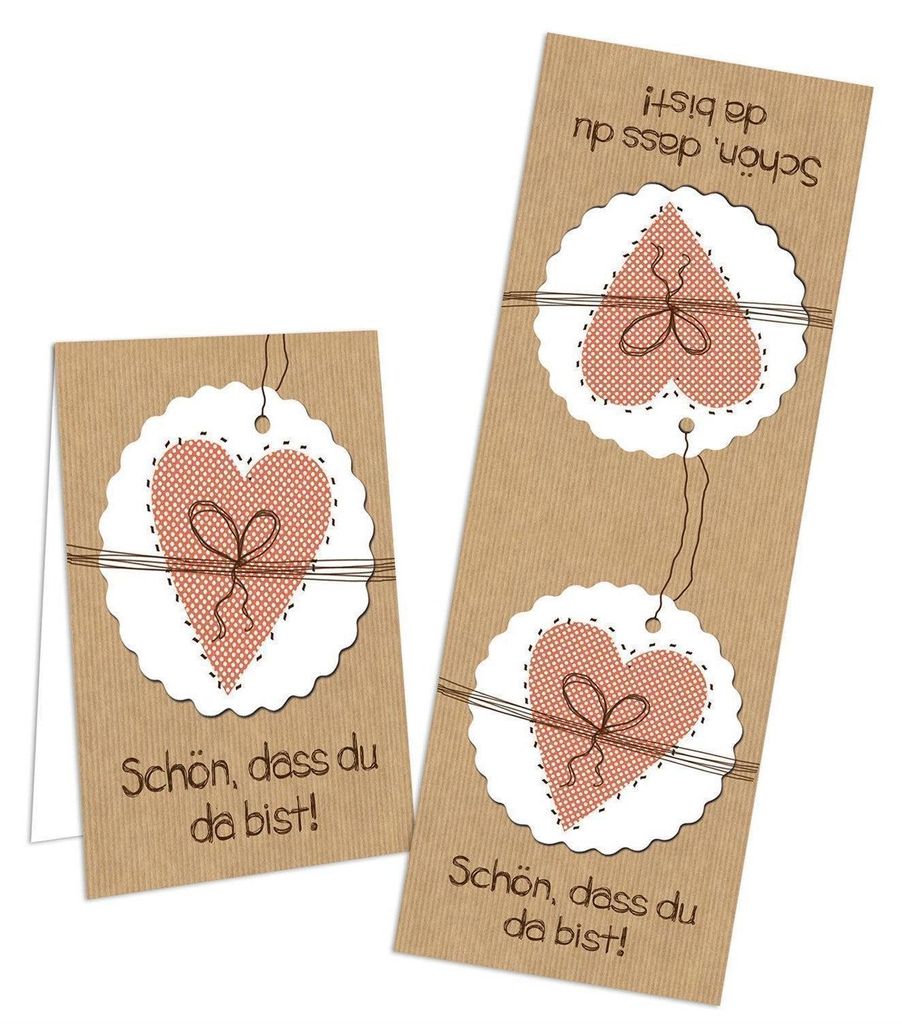 Aufkleber länglich 5 x 14,8 cm Schön dass du da bist braun weiß rosa Herz 10 Stück10 Stück