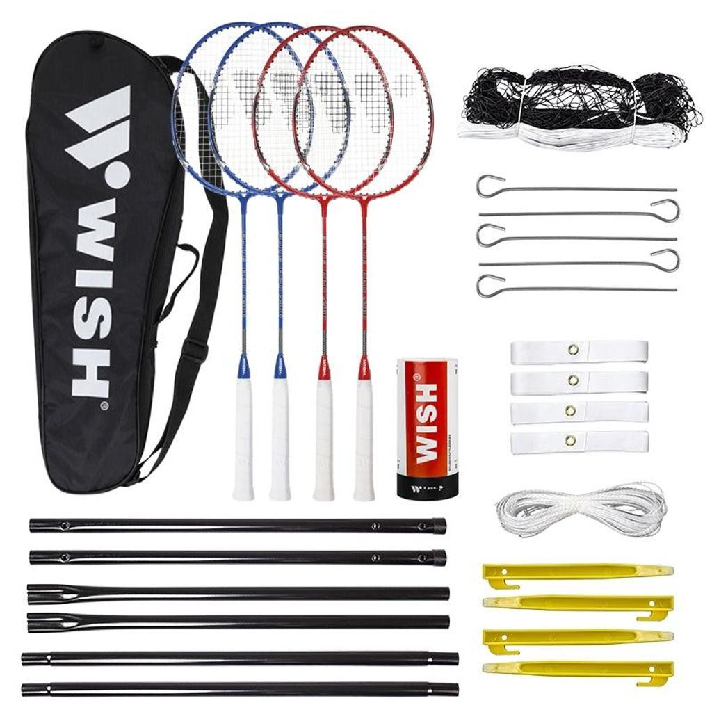 Badminton-Set: 4 Schläger, 3 Federbälle, Netz und Leinen