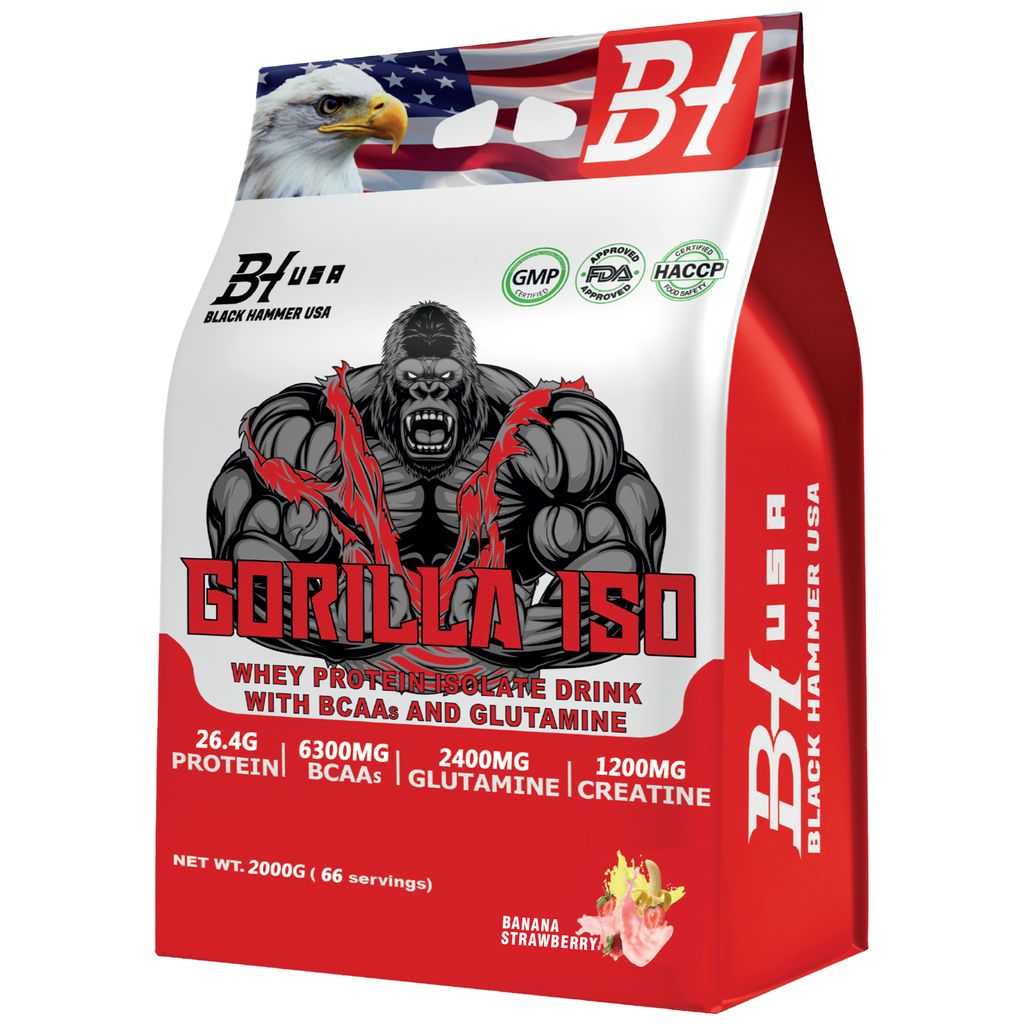 Black Hammer Gorilla ISO Whey 2000 g | Banane-Erdbeere | 26,4 g Protein, BCAA, Glutamin & Creatin | Muskelaufbau & Fitness Shake