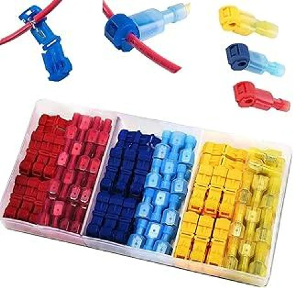 RUNCCI-YUN 120 pezzi connettori elettrici T-Tap, derivatore di corrente, 60 connettori di derivazione a T + 60 connettori piatti (rosso ×40 pezzi, blu × 40 pezzi, giallo × 40 pezzi)