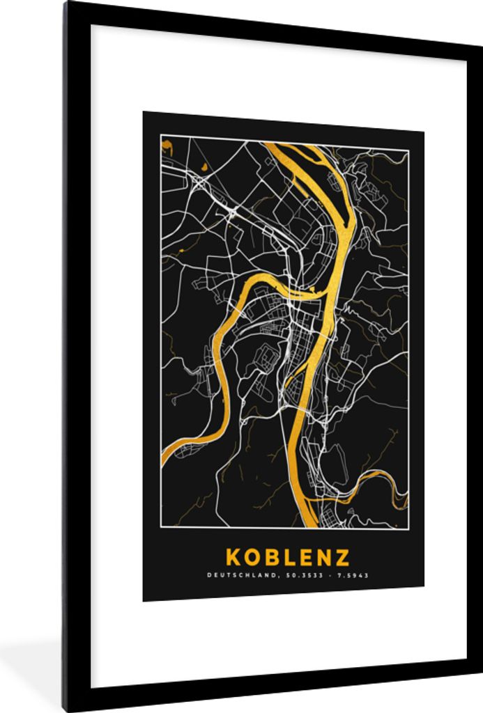 MuchoWow Gerahmtes Poster Stadtplan - Deutschland - Gold - Koblenz - Karte 60x90 cm - Poster mit Schwarzem Bilderrahmen Wandposter Rahmen Foto Bi...