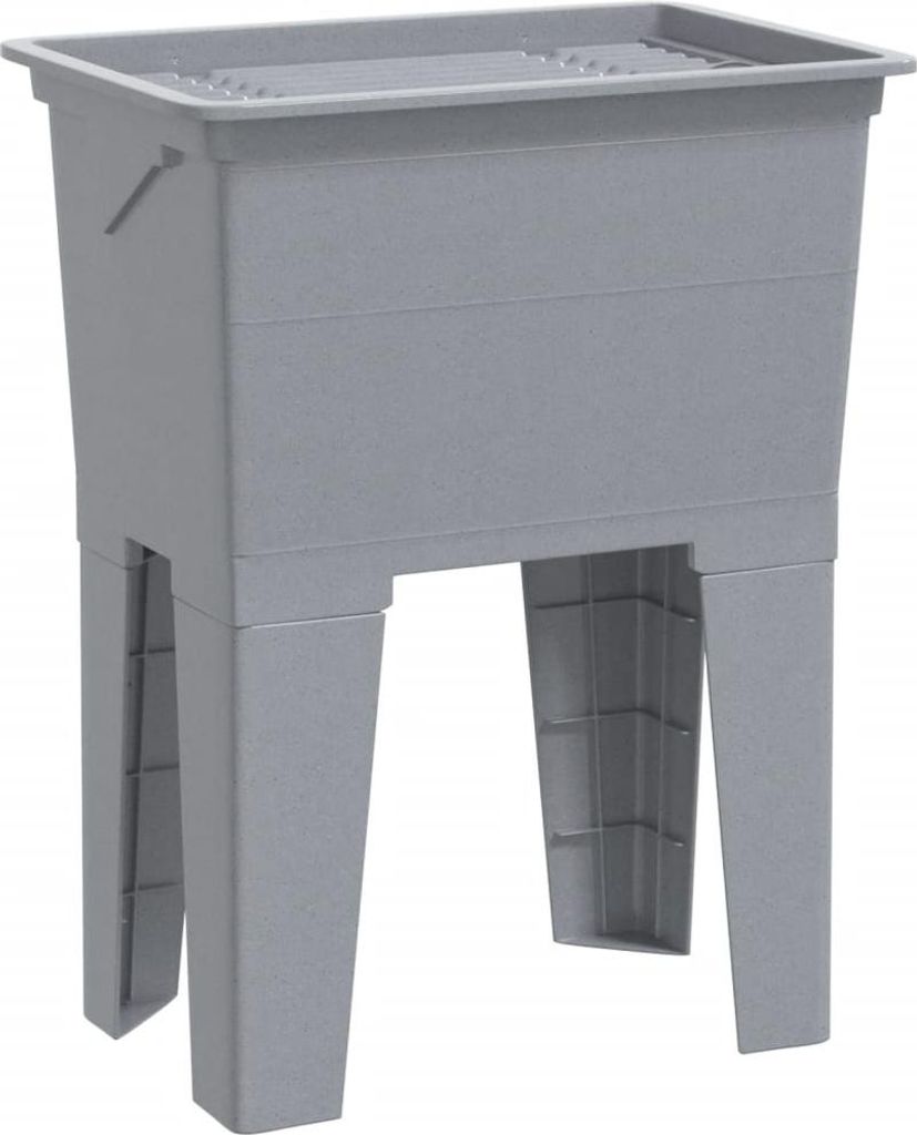 A grey plastic laundry hamper with a lid, standing on four legs.