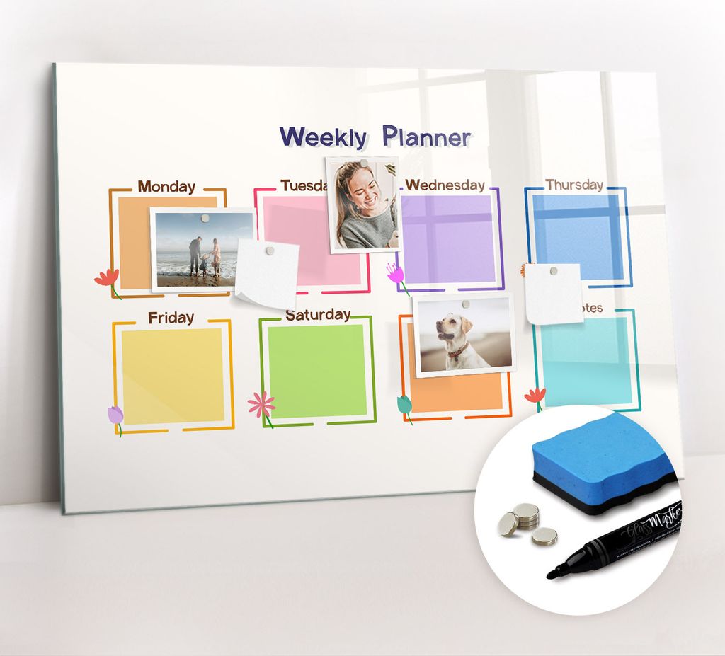 Magnetpinnwand Memoboard - Zubehörsatz - Schwarzer Marker + Schwamm + Magnete - 90 x 60 cm - Wochenplaner
