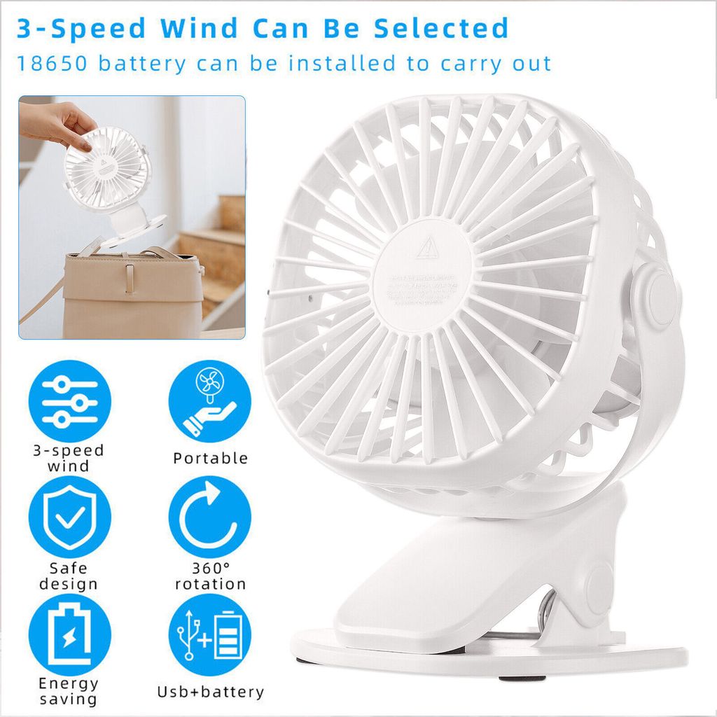 360° Mini USB Ventilator Akku Clip Fan Tischventilator mit Batterie Tisch Lüfter Weiss