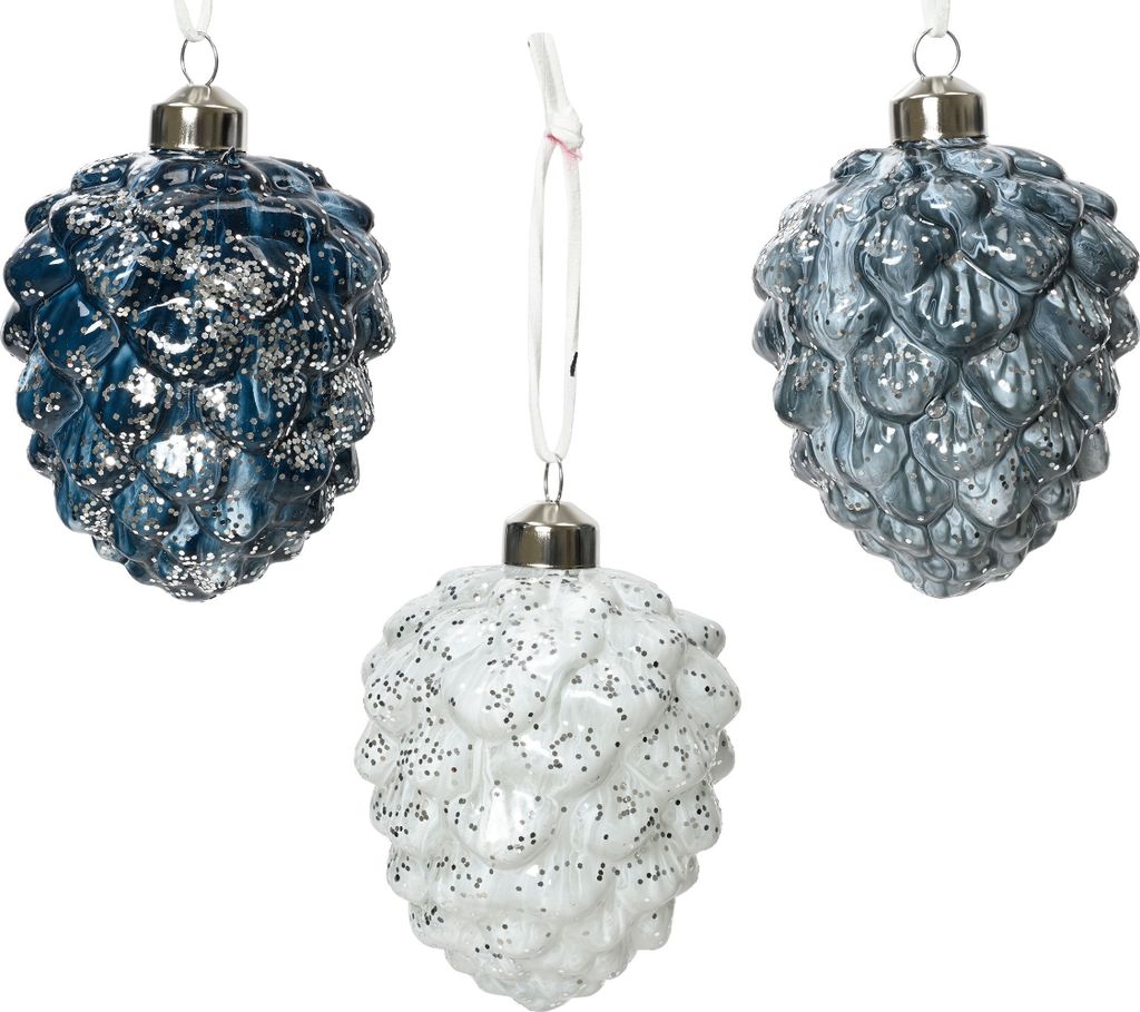 Christbaumschmuck Zapfen 10cm Glas 12er Set Weiß / Blau Produktbild 
