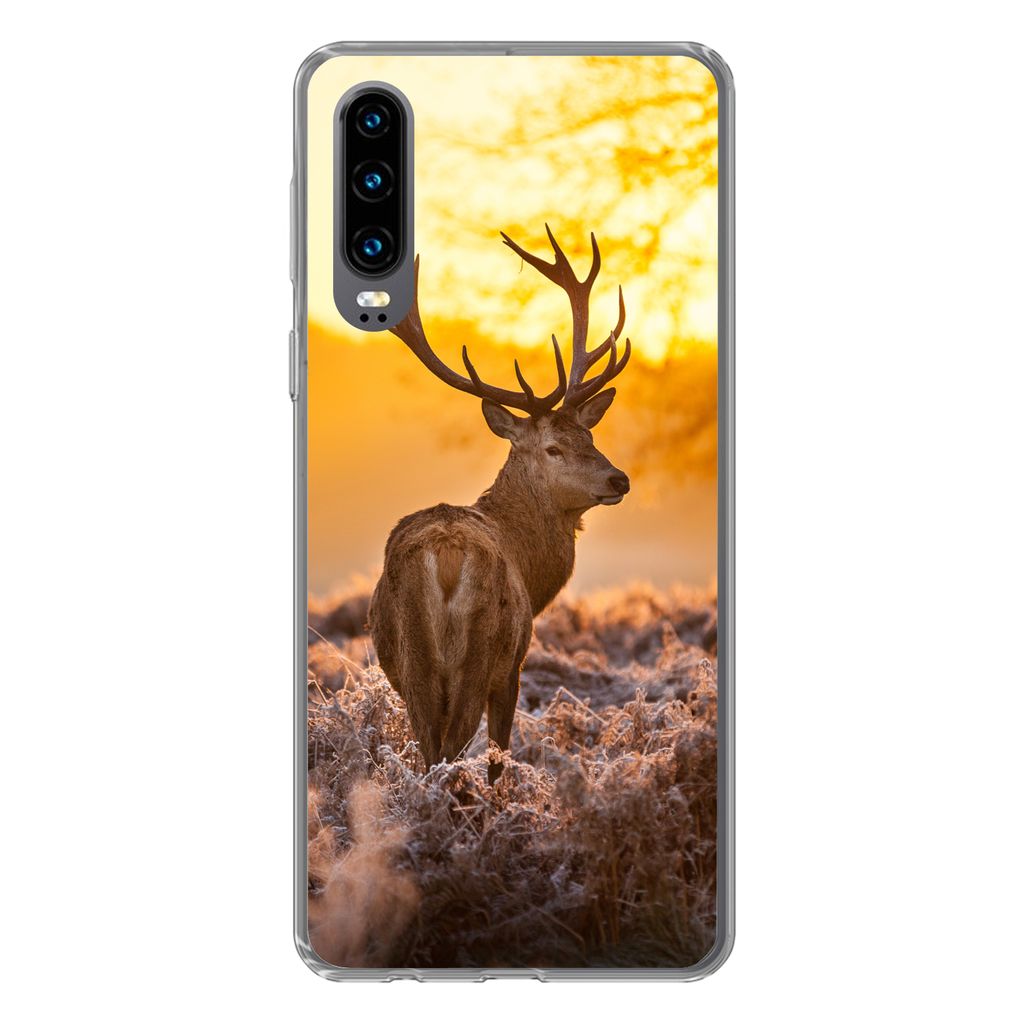 MuchoWow Handyhülle Schutzhülle Hülle für Huawei P30 Hirsche - Tiere - Sonnenuntergang - Winter - Heidekraut - Natur Silikon Softcase Handy H...