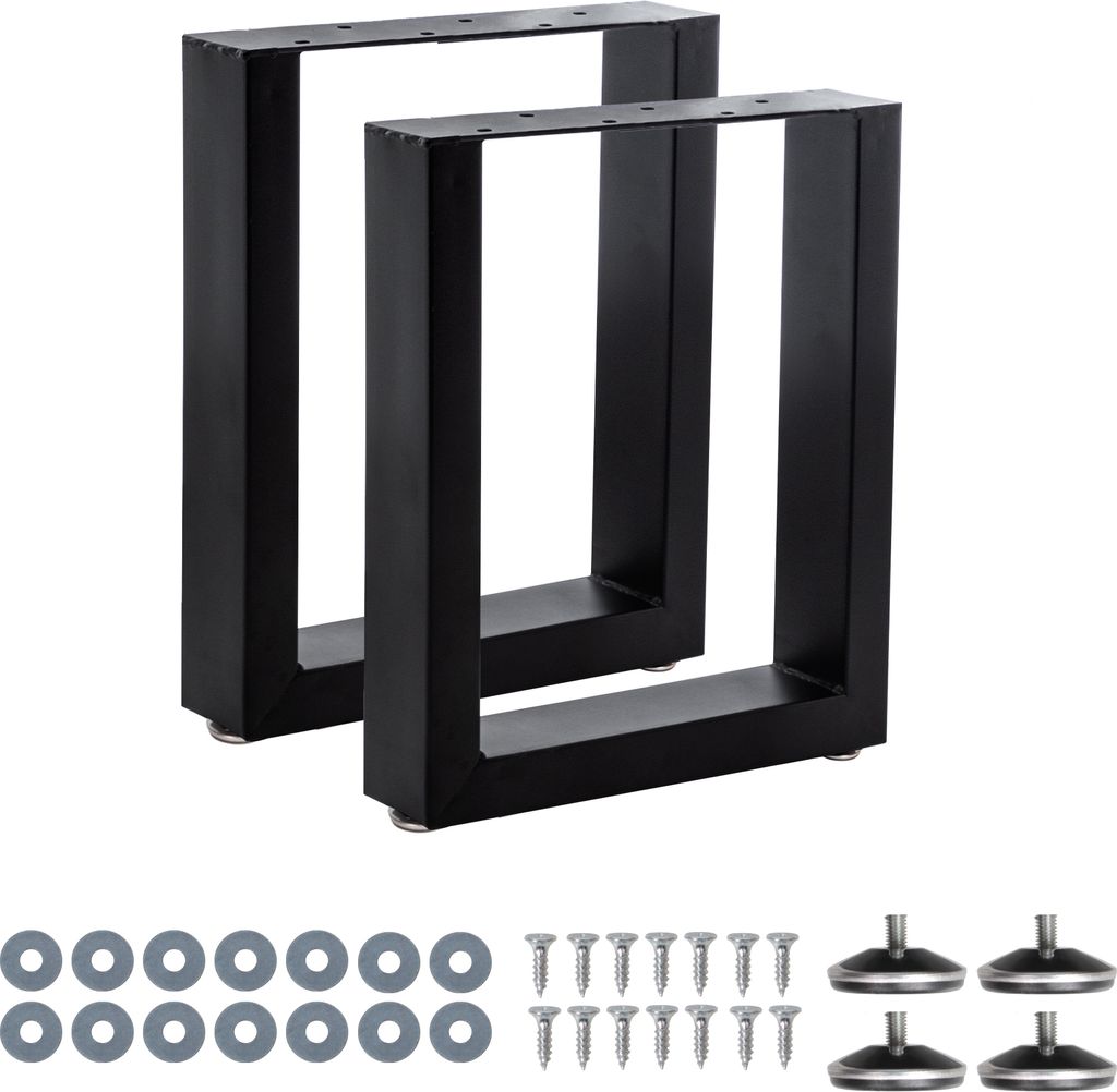 Two black metal table legs are shown against a white background, along with a collection of screws and washers.