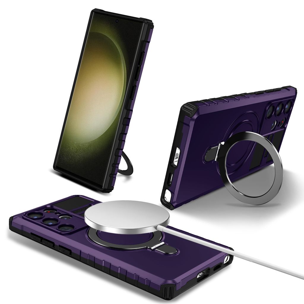 Für Samsung Galaxy S24 Ultra Hülle Magsafe Magnetisch Ring Ständer Schutzhülle, Dual Layer Handyhülle Lila