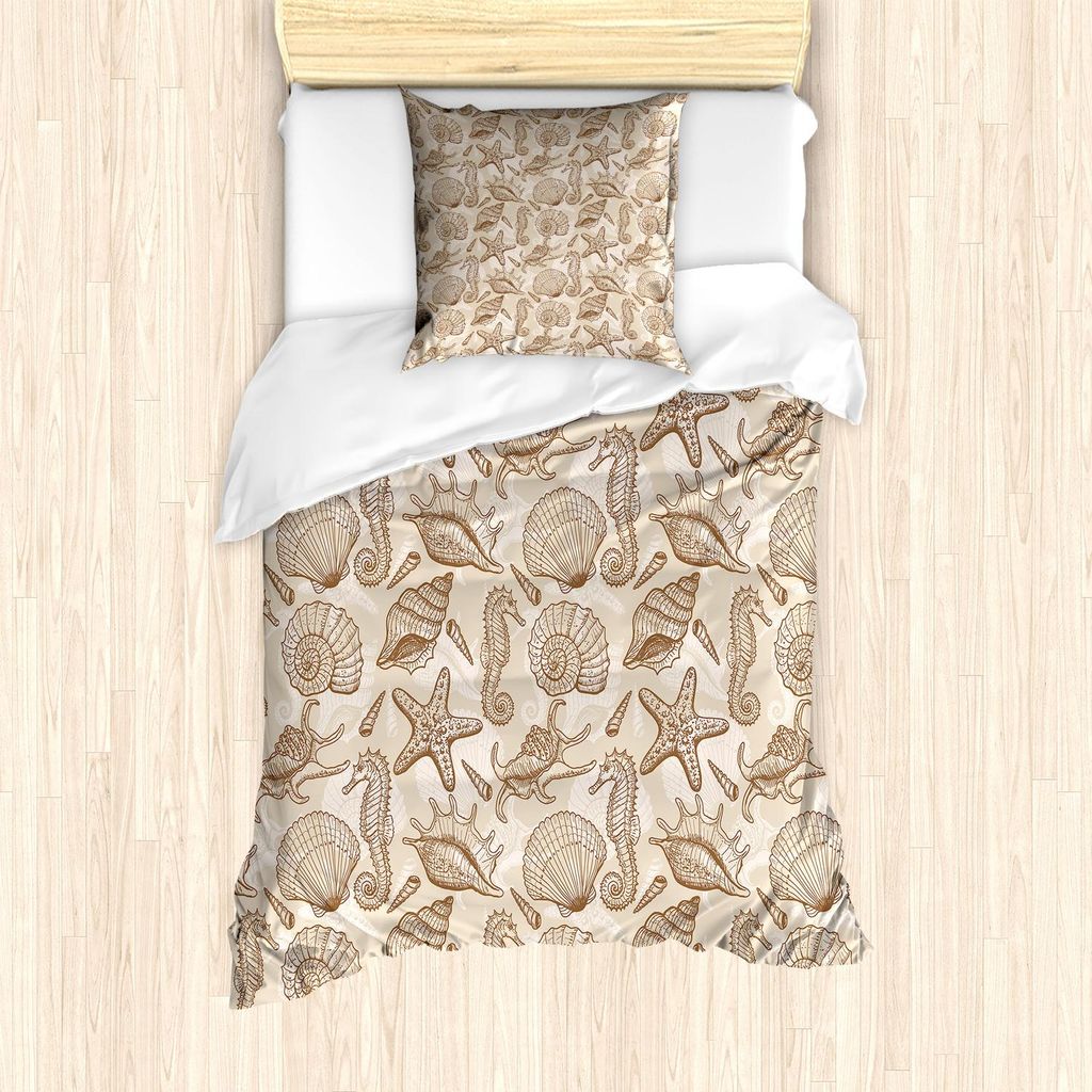 ABAKUHAUS Sea Shells Bettbezug Set, Weinlese-inspirierte einfarbige Muschel-Muster-Ozean-Element-Tier-Hand gezeichnet, 135 x 200 cm + 80 x 80 cm, T...
