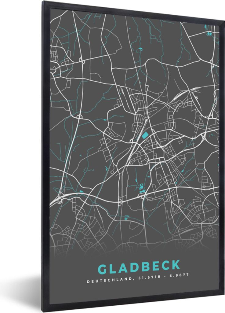 MuchoWow Gerahmtes Poster Blau - Deutschland - Karte - Stadtplan - Gladbeck 60x90 cm - Poster mit Schwarzem Bilderrahmen Wandposter Rahmen Foto B...