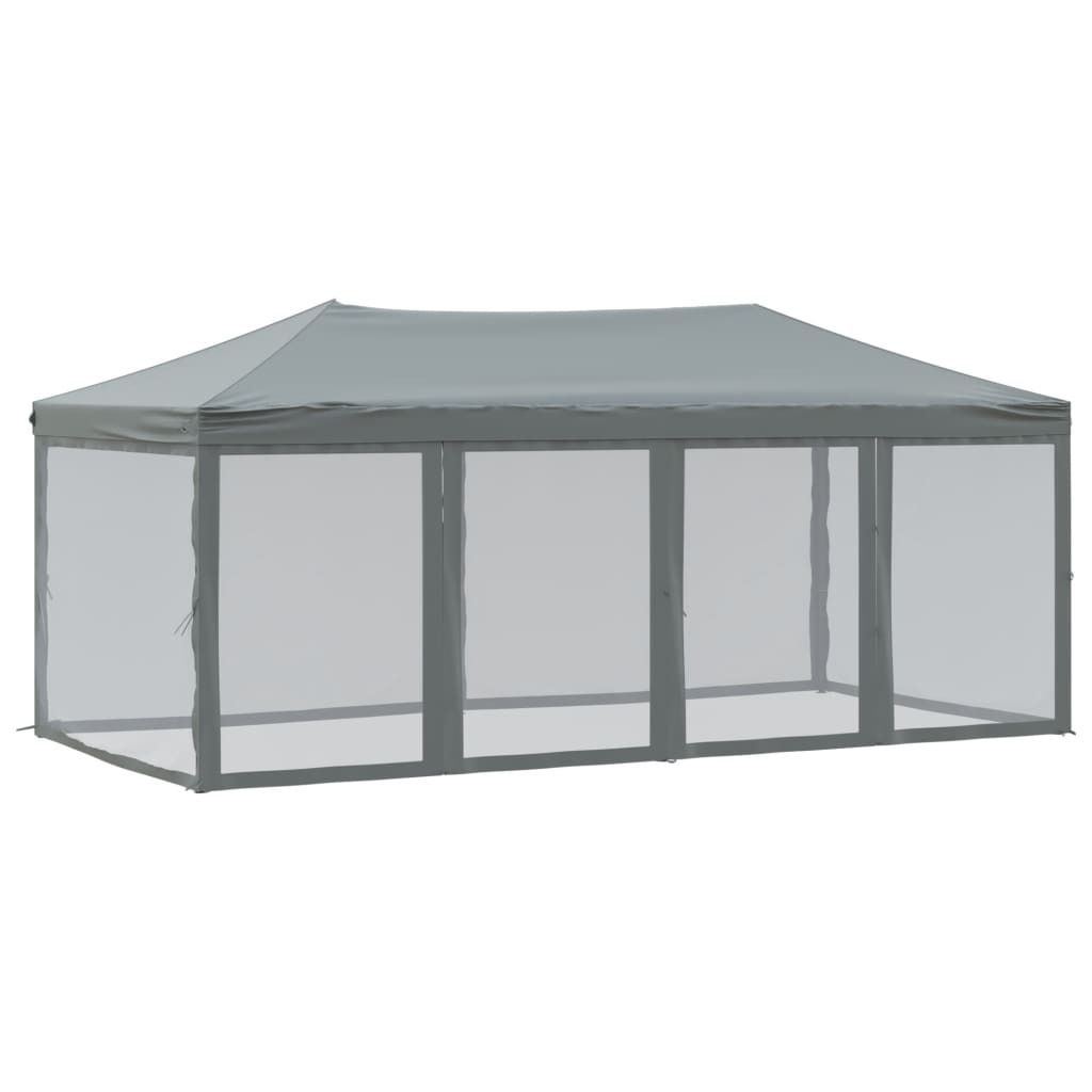 A gray party tent with mesh walls is shown against a white background.