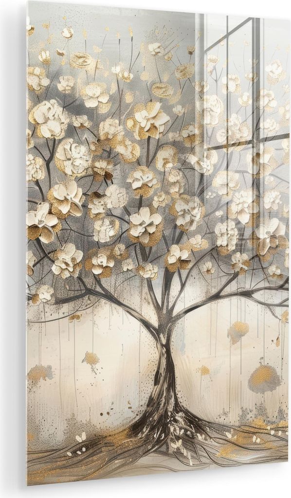 MuchoWow Glasbilder - Bilder auf Wandbild - Foto auf Glas Baum - Beige - Gold - - Grau 60x90 cm Wanddekoration aus Glas - Acrylglasbild - Acrylbild...