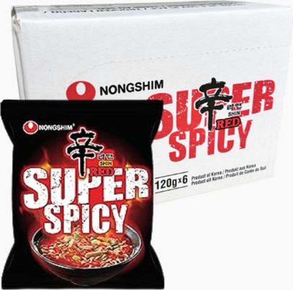 A package of Nongshim Shin Ramyeon Red Super Spicy instant noodles is shown with a single serving packet in the foreground.