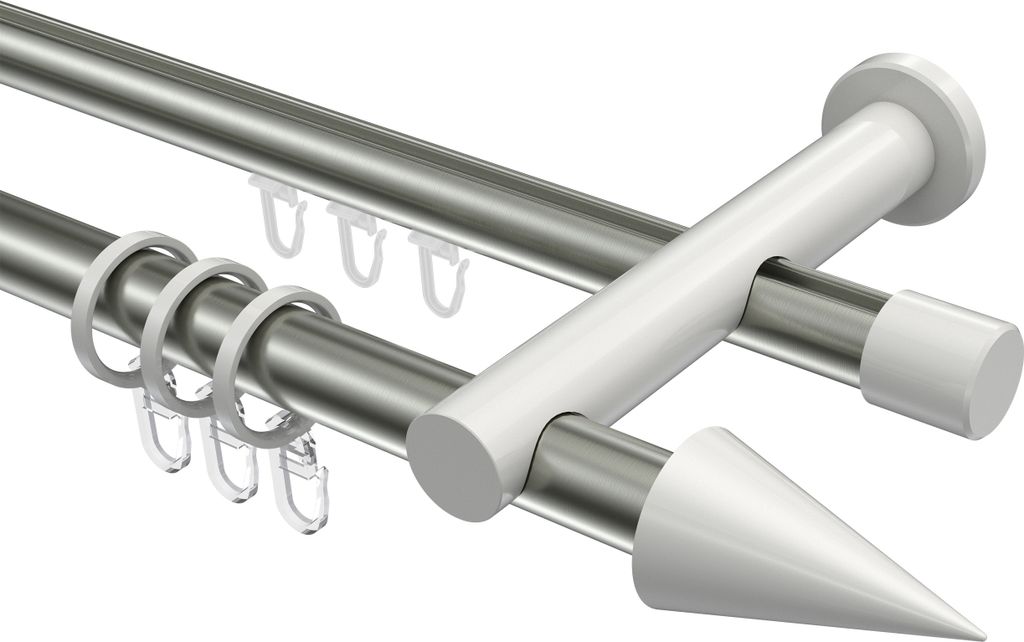 Interdeco Rundrohr-Innenlaufstange / Gardinenstange (Kombination) Edelstahl-Optik / Weiß, Typ Platon Savio (Kegel), 20 mm Ø 2-läufig, 400 cm