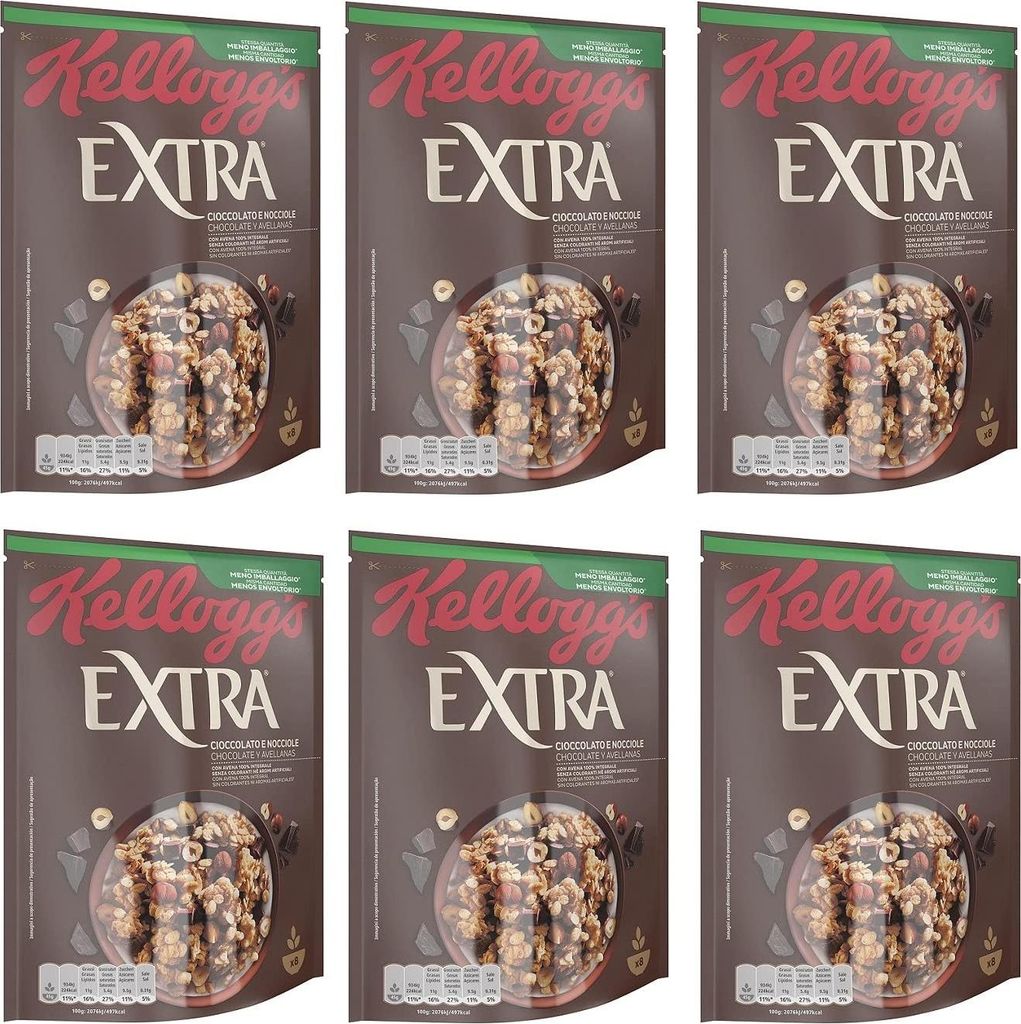 6x Kellogg's Extra Cioccolato e Nocciole Knusprige Haferflocken mit Schokolade und Haselnüssen 100% Vollkorn 375g-Packung