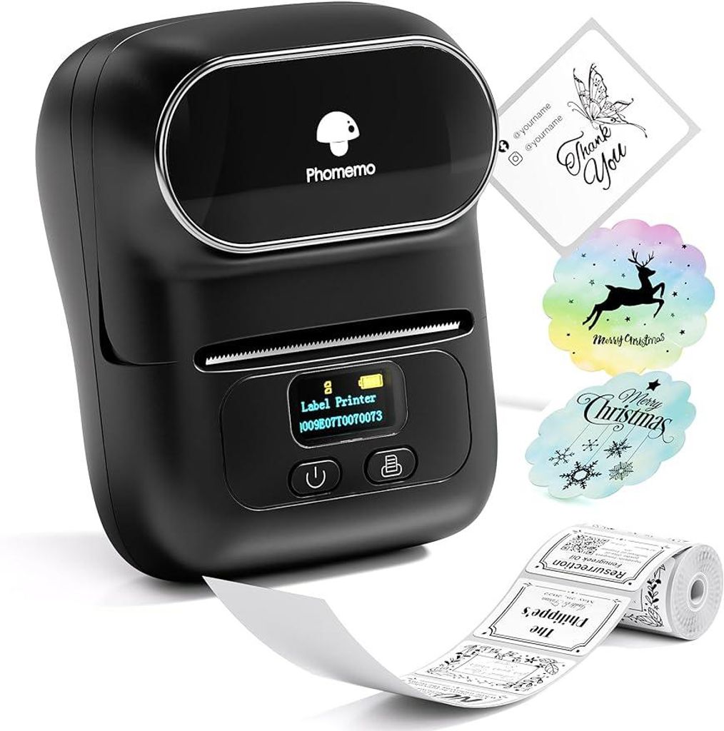 Phomemo M110 Thermo-Etikettendrucker Mini Bluetooth für Kleidung Supermarkt, kompatibel mit Android & iOS, Schwarz