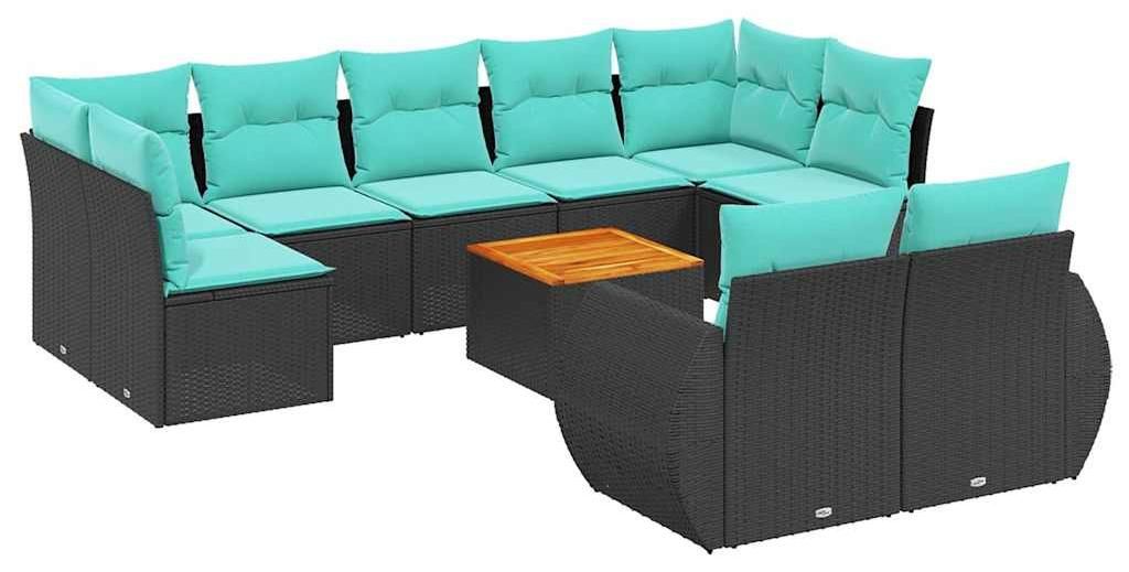 vidaXL 10-teiliges Gartensofa-Set mit Kissen, schwarzes Polyrattan