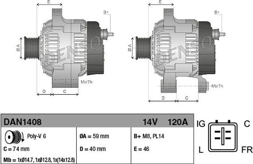 Alternateur DENSO DAN1408 120A 14V pour JAGUAR S-Type et XJ Limousine