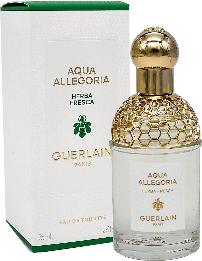 A bottle of Guerlain Aqua Allegoria Herba Fresca Eau de Toilette and its packaging.