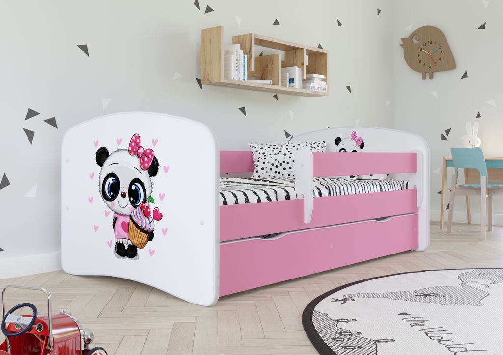 Kinderbett Jugendbett 70x140 cm Rosa mit Matratze Rausfallschutz Schublade und Lattenrost Kinderbetten für Mädchen und Junge - Panda