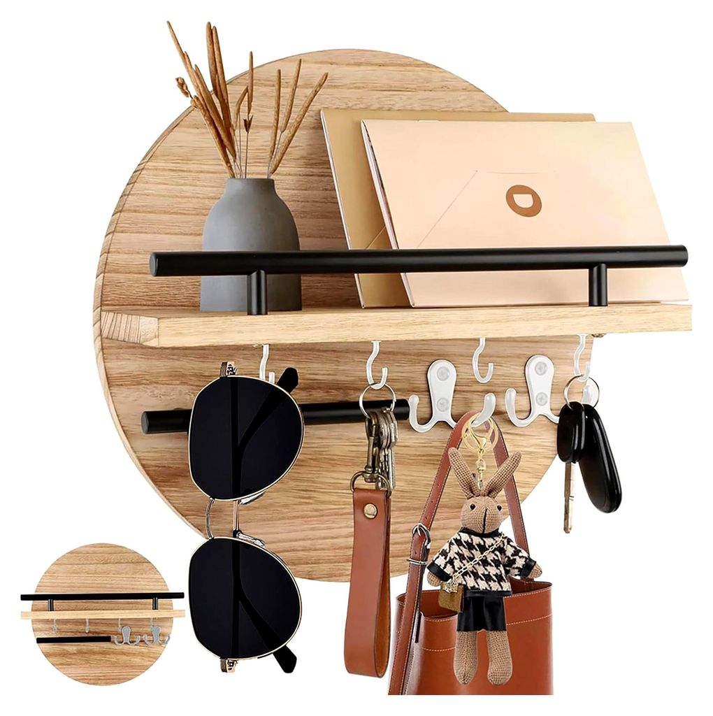 Schlüsselbrett mit Ablage aus Holz im Vintage-Stil, runder Schlüsselhalter für Wohnzimmer, Küche, Büro, Flur, Schlafzimmer, hellbraun