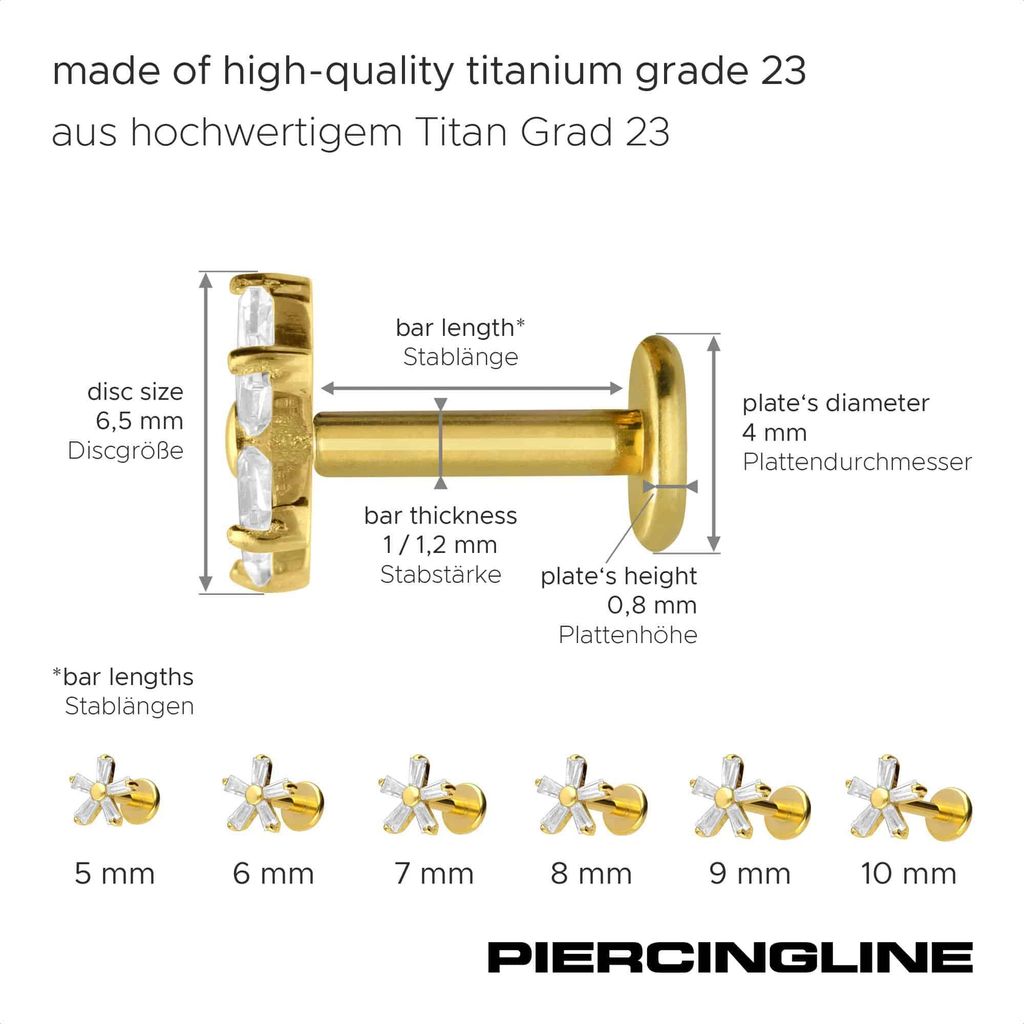 Ohrpiercing, Nasenpiercing Titan Labret mit Push Fit KRISTALLBLUME RoséGold Stablänge: 9mm | Stabstärke: 1,2mm