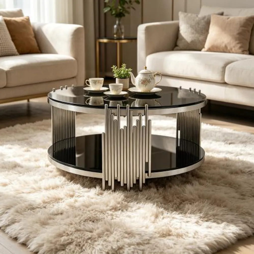 Table Basse Ronde pour Salon et Bureau - Design Verre Noir et Argent