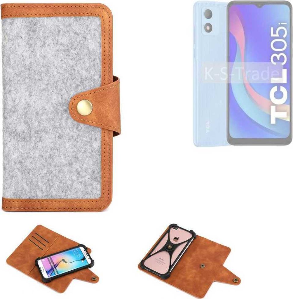 K-S-Trade Handyhülle kompatibel mit TCL 305i Schutzhülle Filz-Hülle Kunst-Leder hellgrau braun (1x)