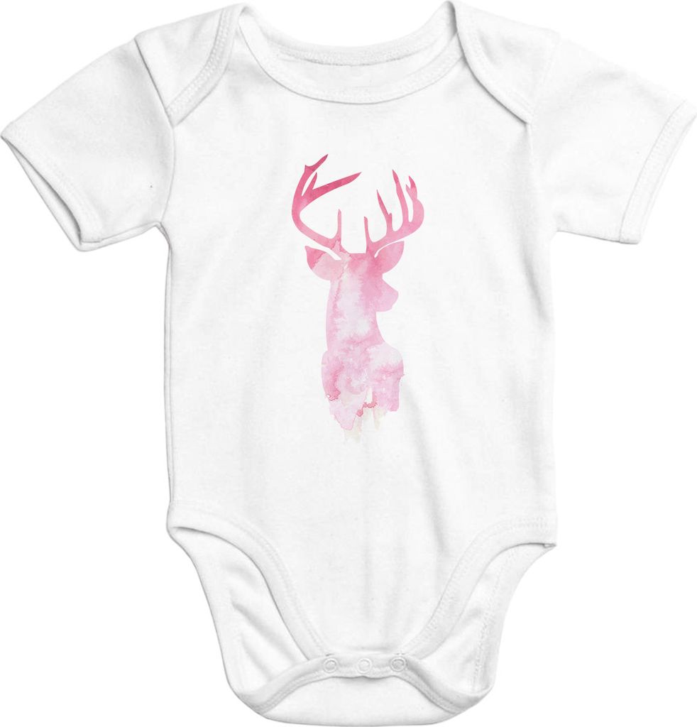 Baby-Body Hirsch Geweih Kopf Deer Watercolor kurzarm Baumwolle Moonworks weiß-pink 3-6 Monate