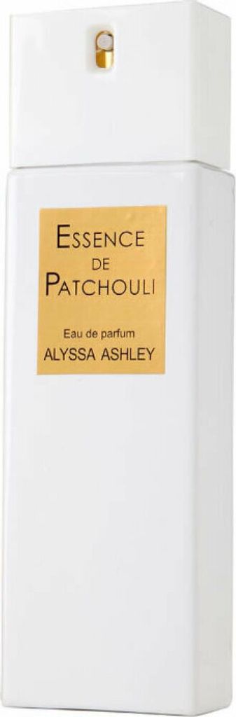 A white bottle of perfume with a gold label.