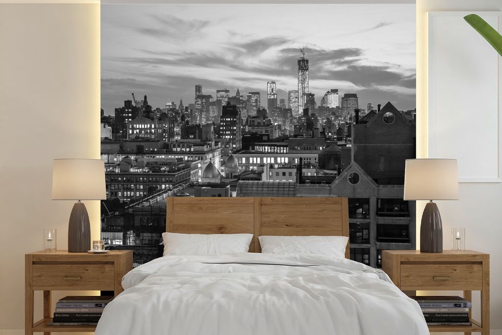 MuchoWow Fototapete für Wohnzimmer oder Schlafzimmer Wandtapete Vinyl Motivtapete Manhattan - Skyline - Schwarz - Weiß - 300x300 cm - Wanddekor...