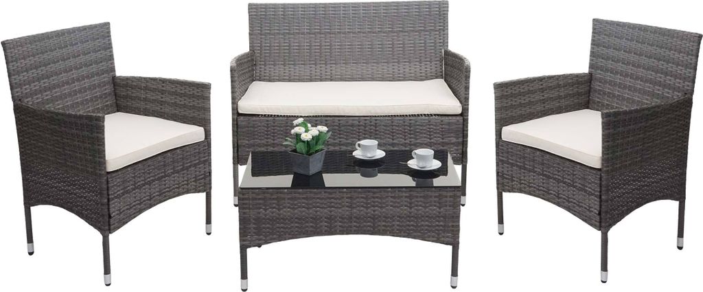 Poly-Rattan Garnitur MCW-F55, Balkon-/Garten-/Lounge-Set Sofa Sitzgruppe grau, Kissen creme