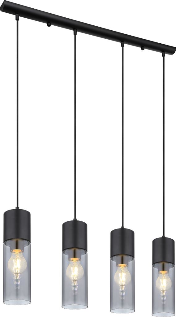 A four-light pendant chandelier with black metal accents and clear glass shades, photographed against a white background.