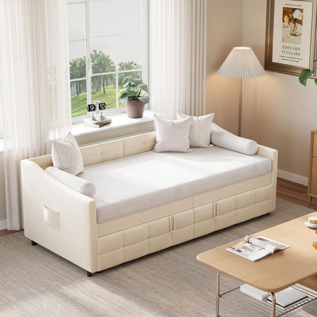 ProximaX Schlafsofa 90×200 cm in Creme, Samtstoff, ausziehbar mit Gasdruckfeder – multifunktionales Sofa & Gästebett