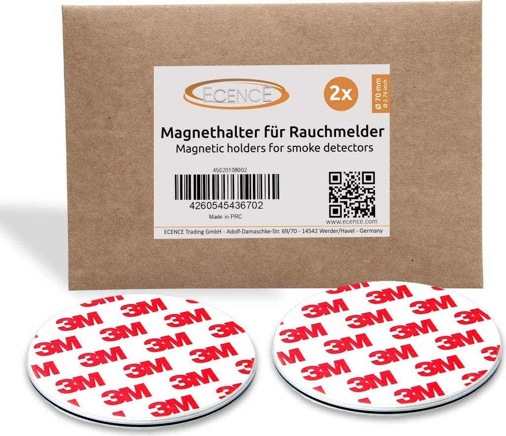 A product package with two magnetic holders for smoke detectors displayed in front of it.