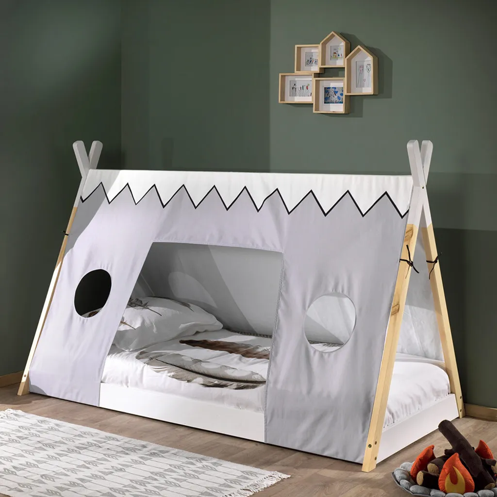 Lit tipi Dream Tree 90x200 bois naturel avec toile gris Tito H134 et sommier