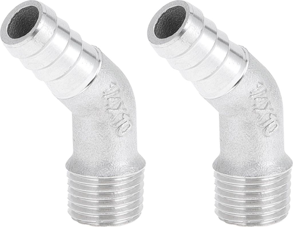 304 Edelstahl Schlauchstutzen 25/64" OD 1/4" BSPT 45 Grad Winkelgelenk für Luft Wasser Öl Gas Kraftstoff 2 Stück Silberton