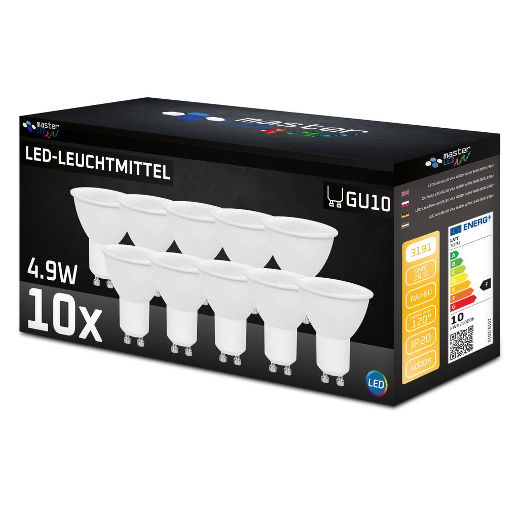 MasterLED GU10 LED Vita 4.9W 392lm Leuchtmittel - 4000K Neutralweiß – 10er Set Strahler