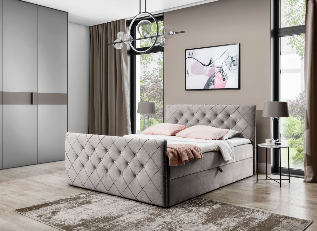 Boxspringbett Malaga Elegance, Stilvoll Doppelbett mit zwei Bettkästen und Topper (Farbe: Matt Velvet 09 Größe: 180x200 cm)