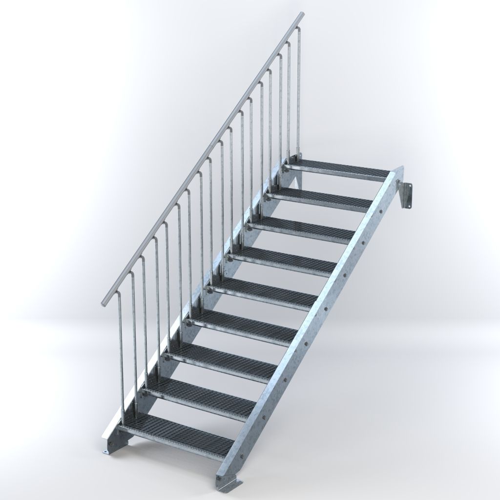 Stahltreppe 9 Stufen bis Höhe 180 cm, Laufbreite : 90 cm Geländer links ST 2 (31 / 31 mm gezackt)