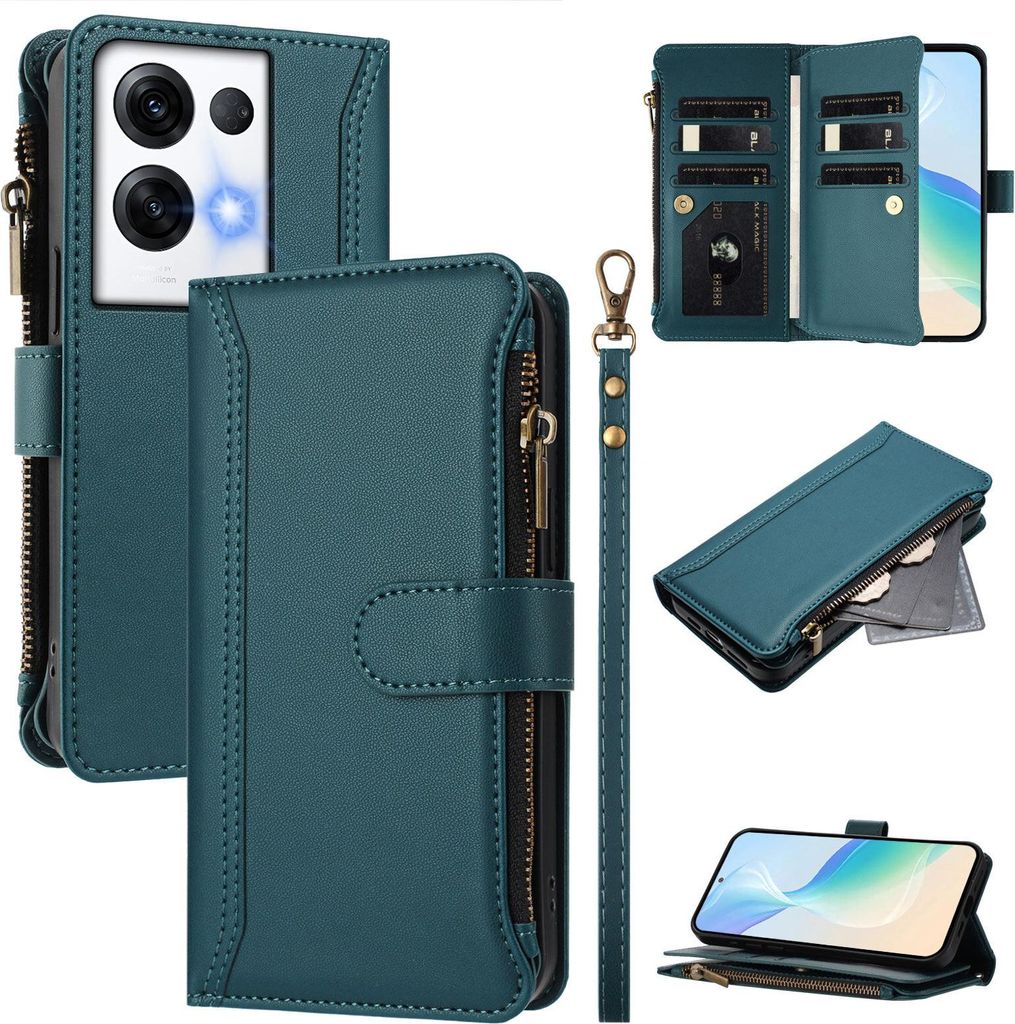 Handyhülle für Oppo Reno8 Pro 5G/Reno8 Pro+ Reißverschluss Geldbörse Kunstleder Klapphülle mit Kartensteckplatz, Ständer, Handschlaufe Grün