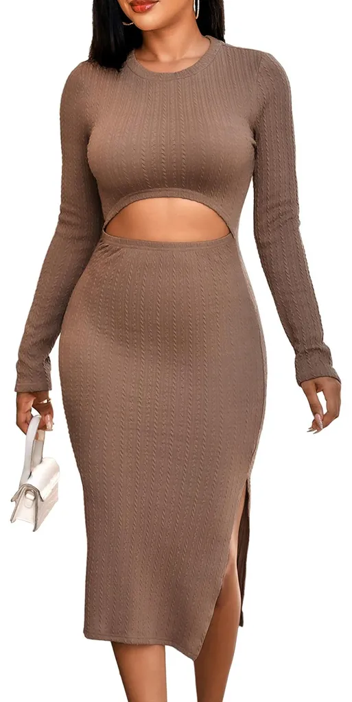 Robe longue en maille kaki XL : confort thermique et coupe sexy ajustée
