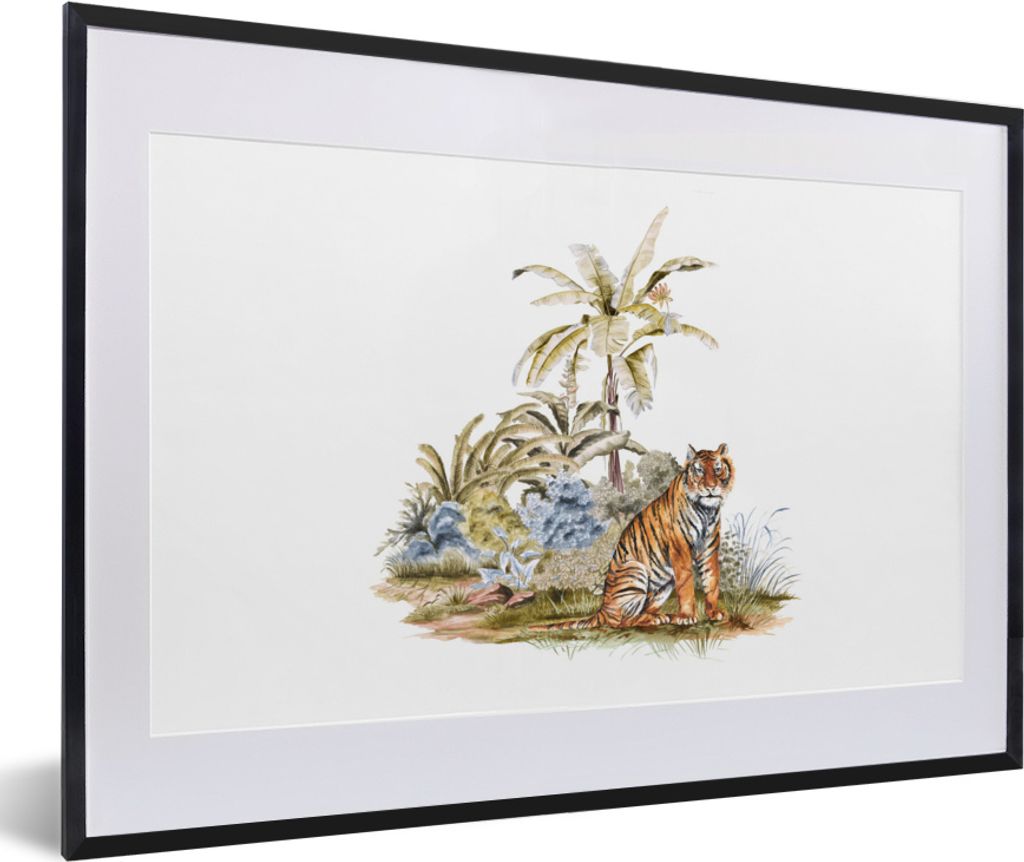 MuchoWow MuchoWow Gerahmtes Poster Tiger - Wald - Gemälde 60x40 cm - Poster mit zchwarzem Bilderrahmen - Schlafzimmer - Plakat in Rahmen - Dru...