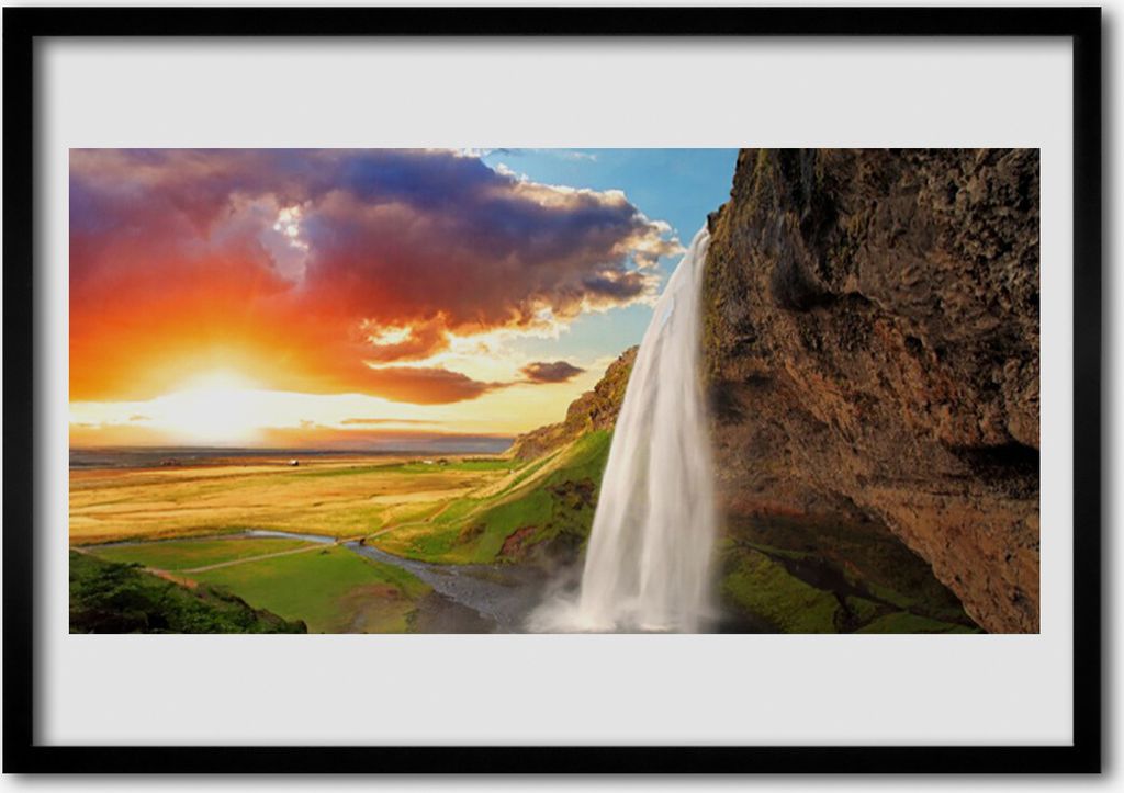 Bild 100x70 MDF-Rahmen Wandkunst Wasserfall Landschaft Sonne