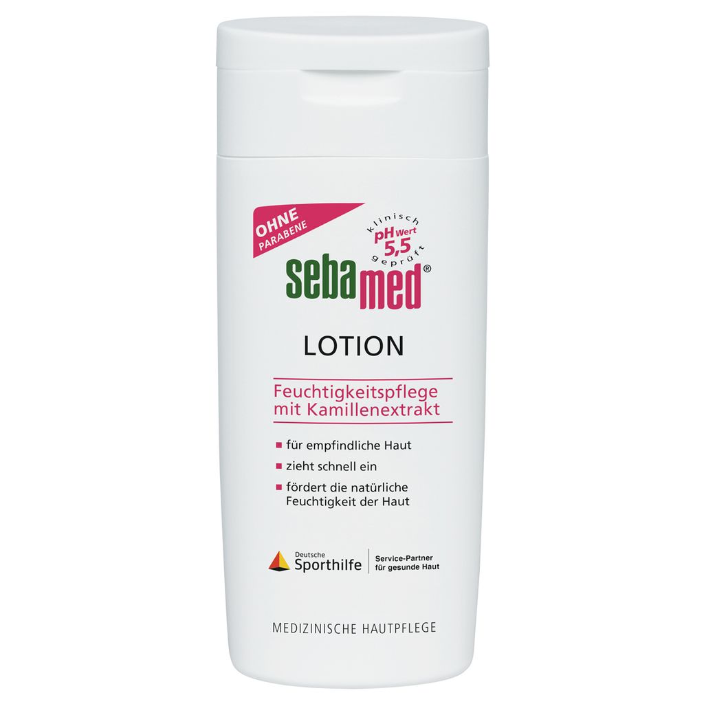 A white bottle of Sebamed lotion with product information printed on it.