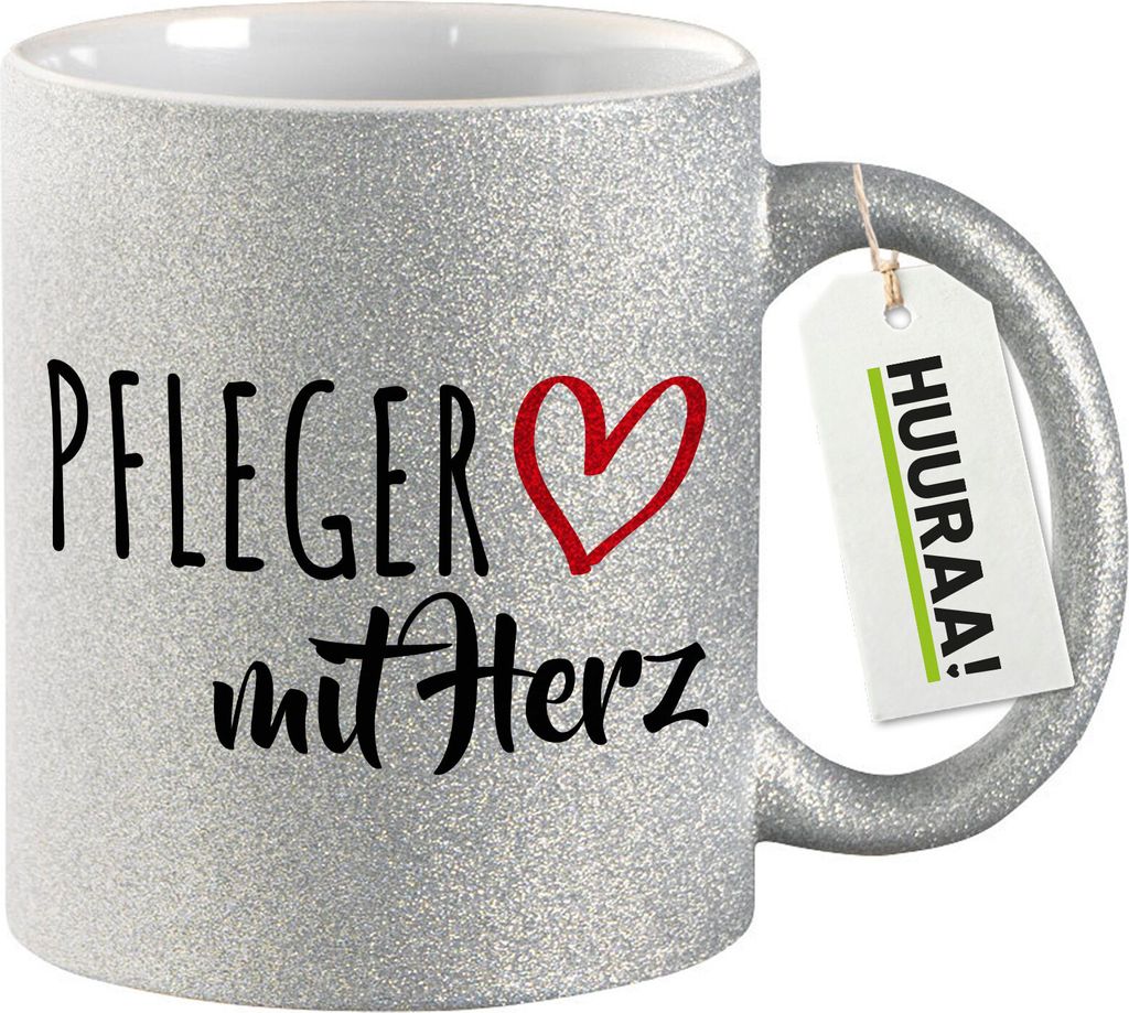 Huuraa Glitzertasse Pfleger mit Herz 330ml Silber Keramik Kaffeebecher Geschenkidee